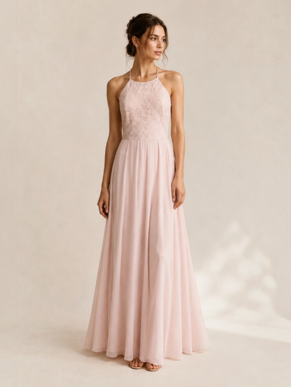 Lela Rose Blush Pink Chiffon Formal Dress Sz 14 Lace Maxi Bridesmaid Romantic